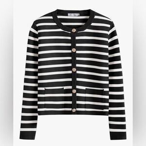 NEW Anrabess Women’s Large Black & White Striped Cardigan Sweater w/Gold Buttons